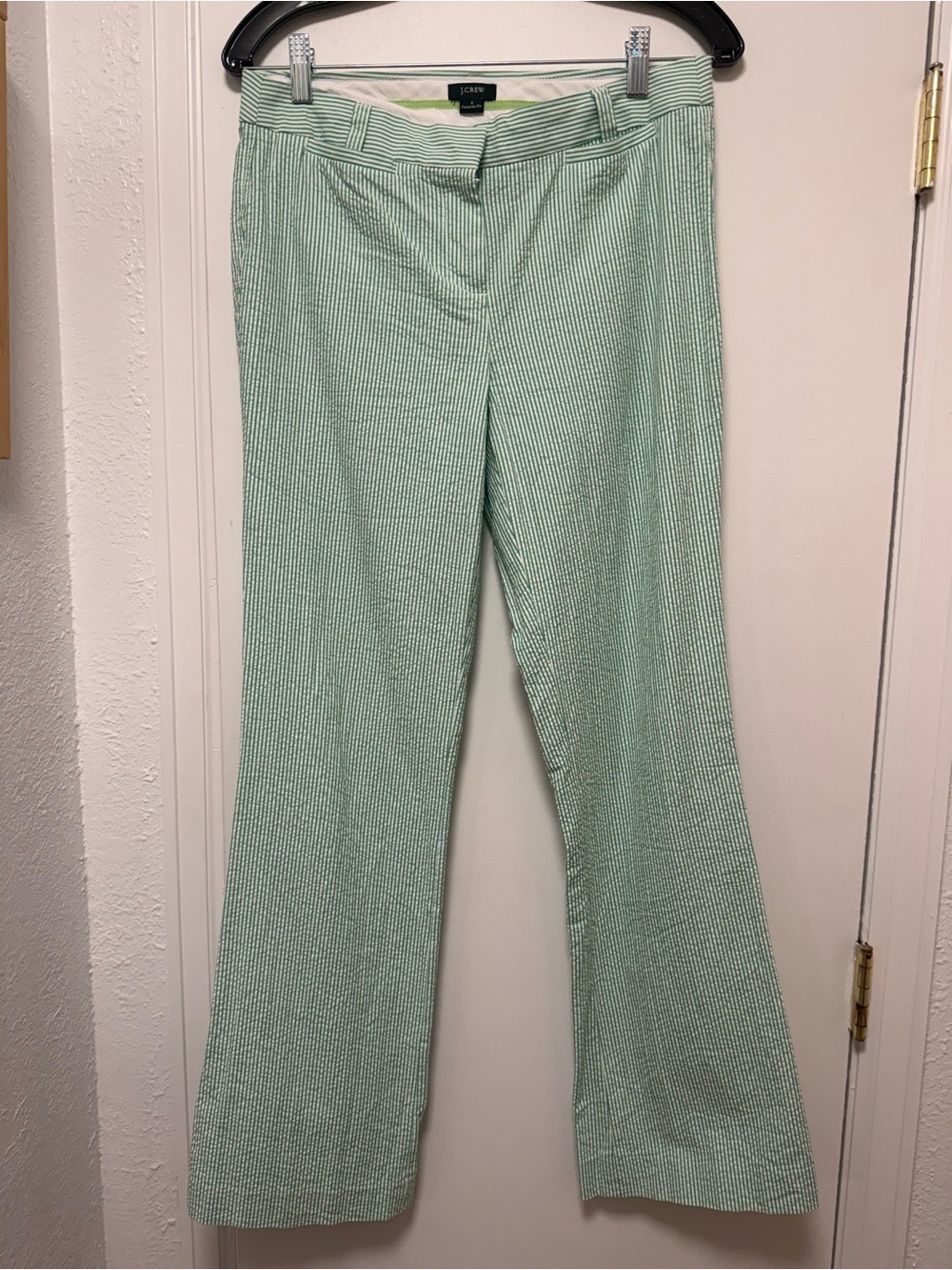 J.Crew Favorite Fit 100% Cotton Seersucker Green & White Stripe Pants Size 4
